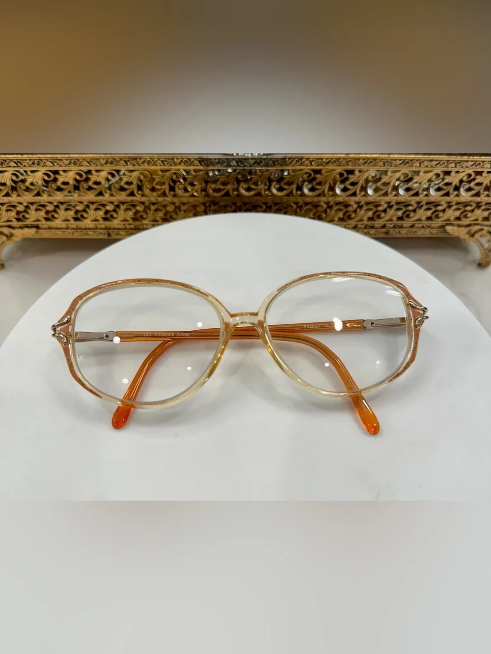 VTG Elizabeth Arden Orange & Gold Rounded Oval Patterned Rx Eyeglass Frames EUC
